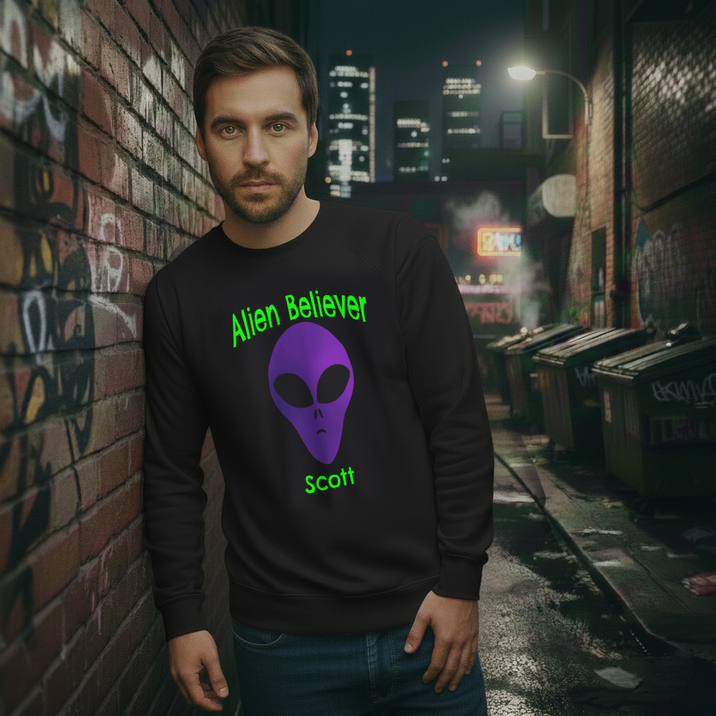 Space Alien Head Personalized Sweatshirt, Cotton-Polyester Blend, Custom Name Sweater, PURPLE Alien, Goth Girl Gift For Her - Image 2