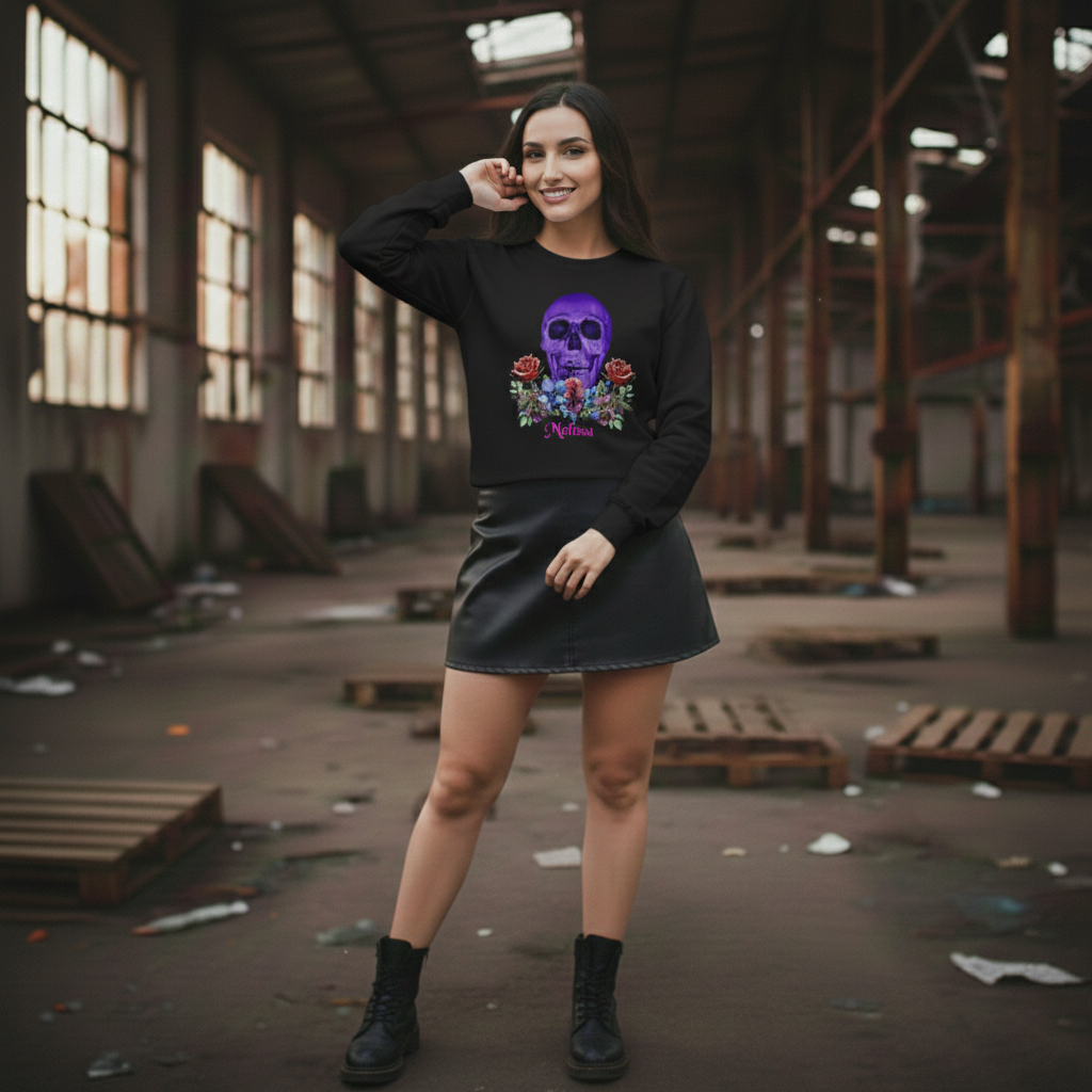 Purple Skull Personalized Sweatshirt, Cotton-Polyester Blend Sweater, Horror Gift For Him, Skull Art Skeleton Shirt, Floral Gift For Her - Image 2