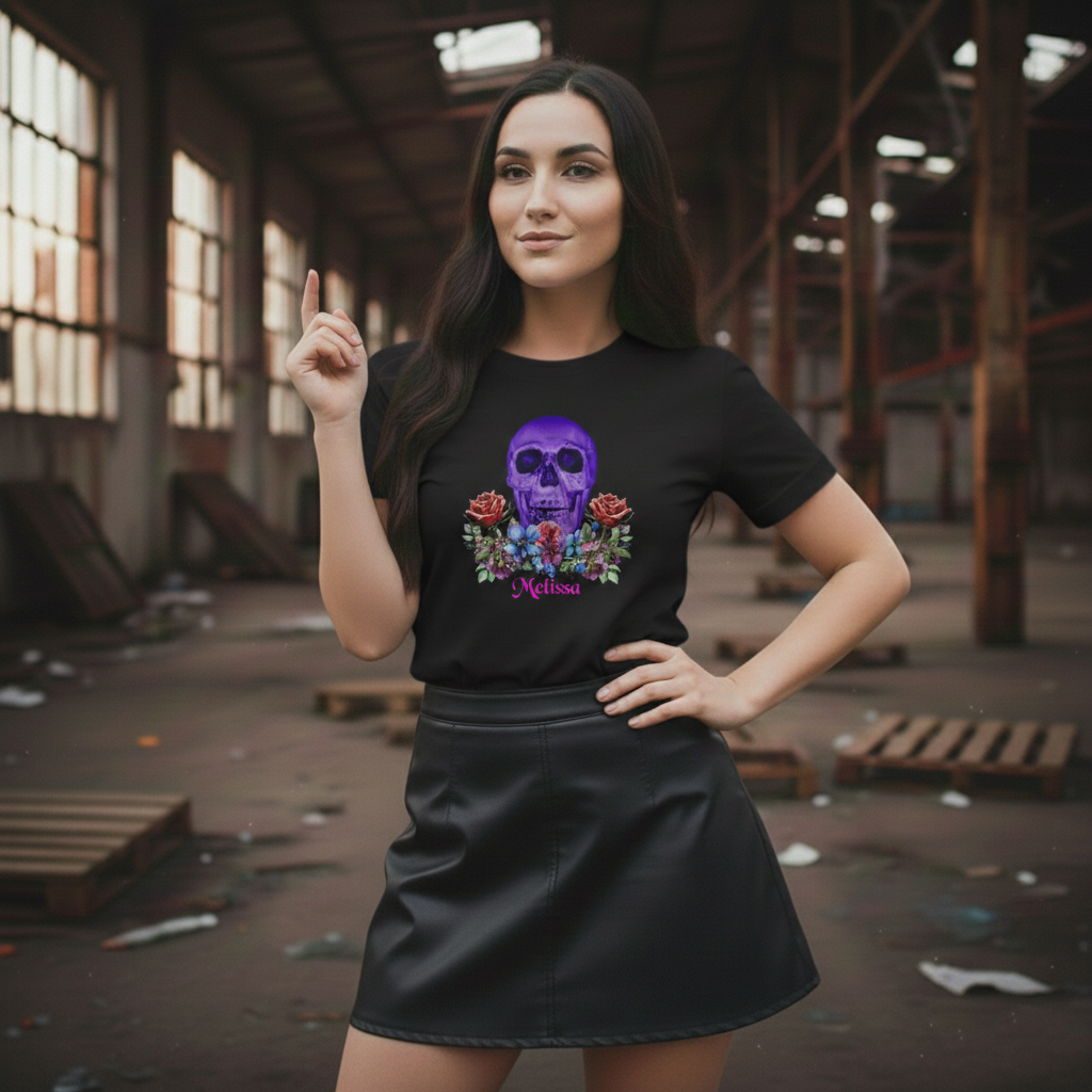 Purple Skull Personalized Skeleton Shirt | 100% Cotton Unisex, Gothic Horror TShirt, Custom Name Text Goth Girl Gift For Her - Image 2