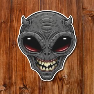 Illustration of a menacing gray alien with red eyes, sharp teeth, and small horns, set against a rustic wooden background. The tone is dark and eerie.