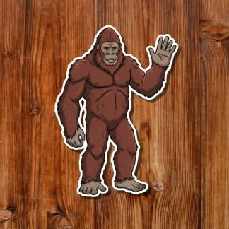 Cartoon Bigfoot with raised hand, white outline, on textured wooden background. The playful gesture suggests a friendly greeting.