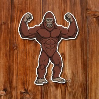 Cartoon Bigfoot with muscular build and fierce expression, flexing arms against a brown wooden background. The tone is strong and intense.