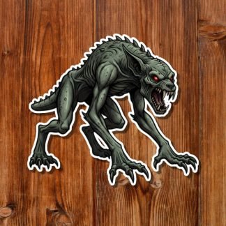 Illustration of a snarling, gray-green Chupacabra creature with red eyes and sharp claws, set against a wooden background. The tone is menacing and eerie.