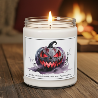 Halloween-themed candle with a whimsical cartoon label. It shows a witch flying on a broomstick, skeletons trick-or-treating, a black cat, and a jack-o'-lantern under a full moon. Cozy, festive atmosphere.