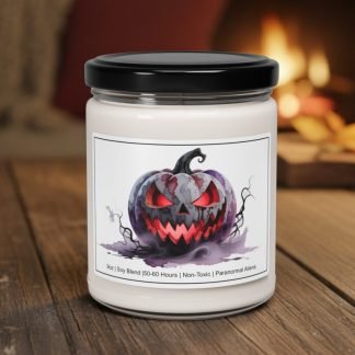 Halloween-themed candle with a whimsical cartoon label. It shows a witch flying on a broomstick, skeletons trick-or-treating, a black cat, and a jack-o'-lantern under a full moon. Cozy, festive atmosphere.