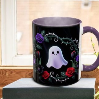 Black mug with red interior and handle, featuring a cute, smiling ghost surrounded by thorny vines, red, purple, and black roses. Cozy, whimsical tone.