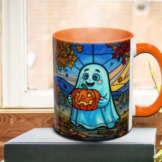 A colorful mug with an orange handle depicting a cute ghost holding a carved pumpkin. The background features fall leaves and a scenic landscape. Emotive and playful.