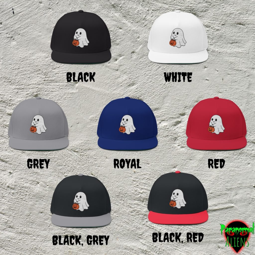Embroidered Ghost Hat, Halloween Snapback Cap, Flat Bill Acrylic Wool Hat, Adjustable Spooky Headwear, Ghost Gift for Horror Fans - Image 4