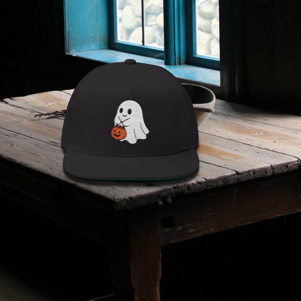 Embroidered Ghost Hat, Halloween Snapback Cap, Flat Bill Acrylic Wool Hat, Adjustable Spooky Headwear, Ghost Gift for Horror Fans - Image 2