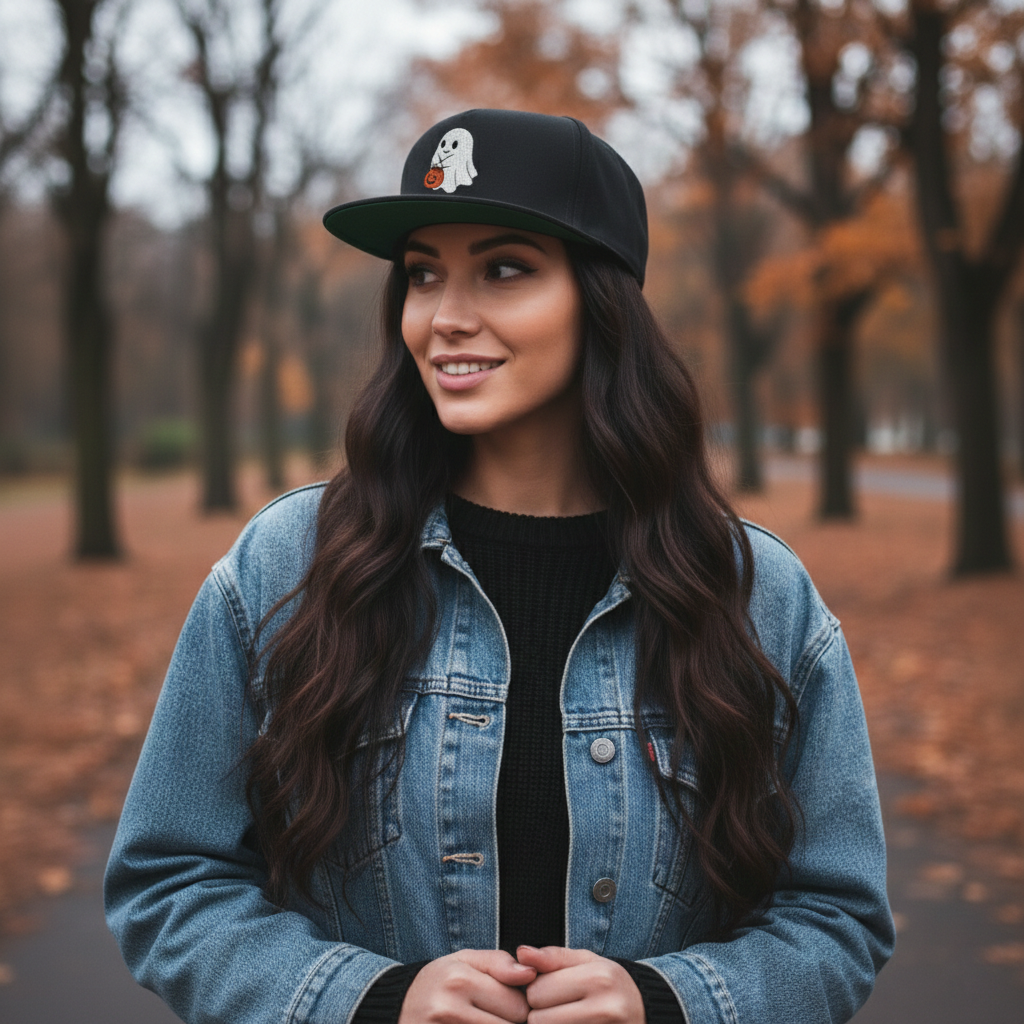 Embroidered Ghost Hat, Halloween Snapback Cap, Flat Bill Acrylic Wool Hat, Adjustable Spooky Headwear, Ghost Gift for Horror Fans - Image 2
