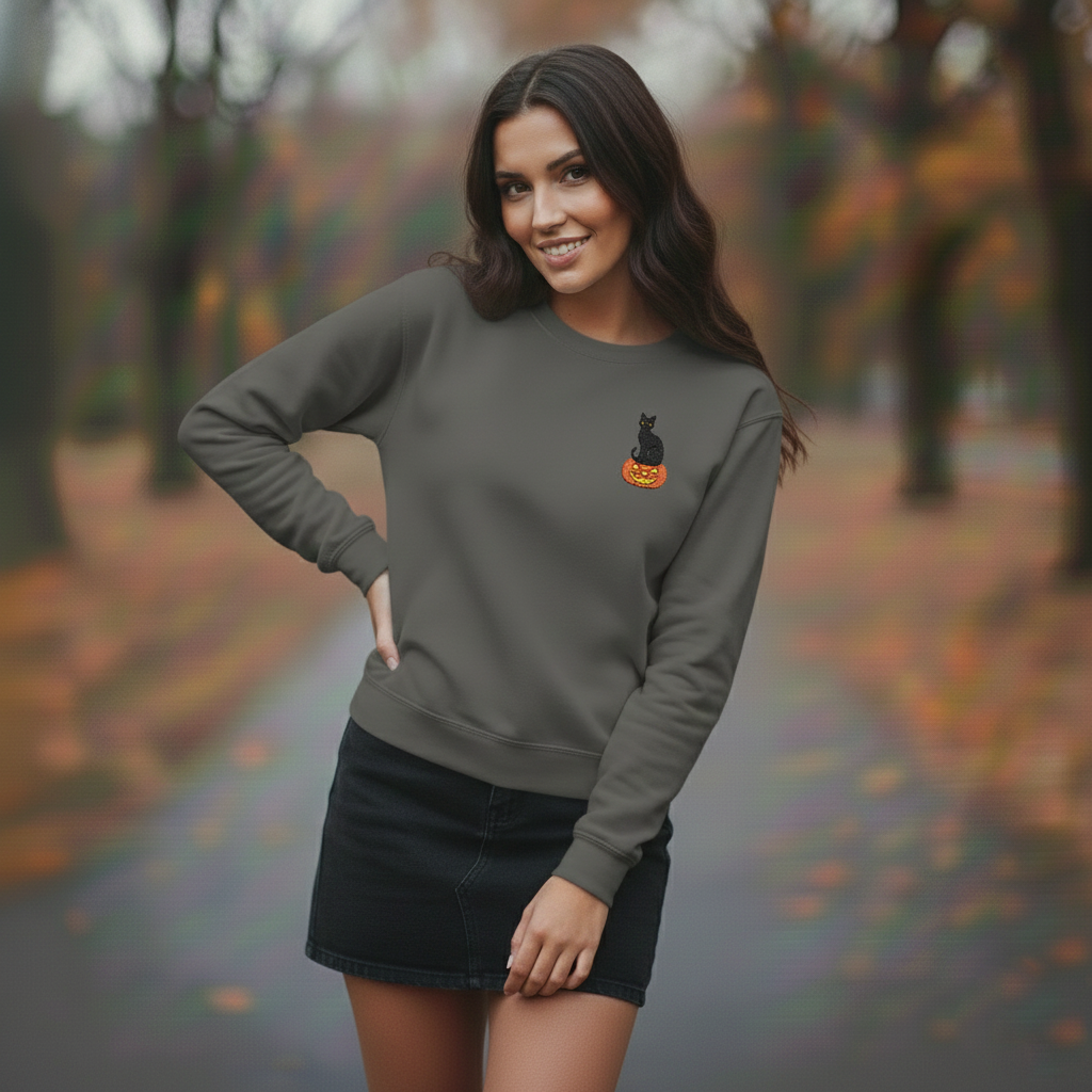 Black Cat Embroidered Halloween Sweatshirt, Spooky Fall Crewneck, Relaxed Fit, Cotton Polyester, Goth Horror Gift - Image 2