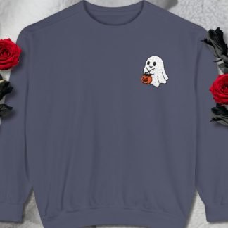 Gray sweatshirt featuring embroidery of a cute ghost holding a small orange pumpkin, set against a textured white background. Red roses border each side. Festive and cozy.