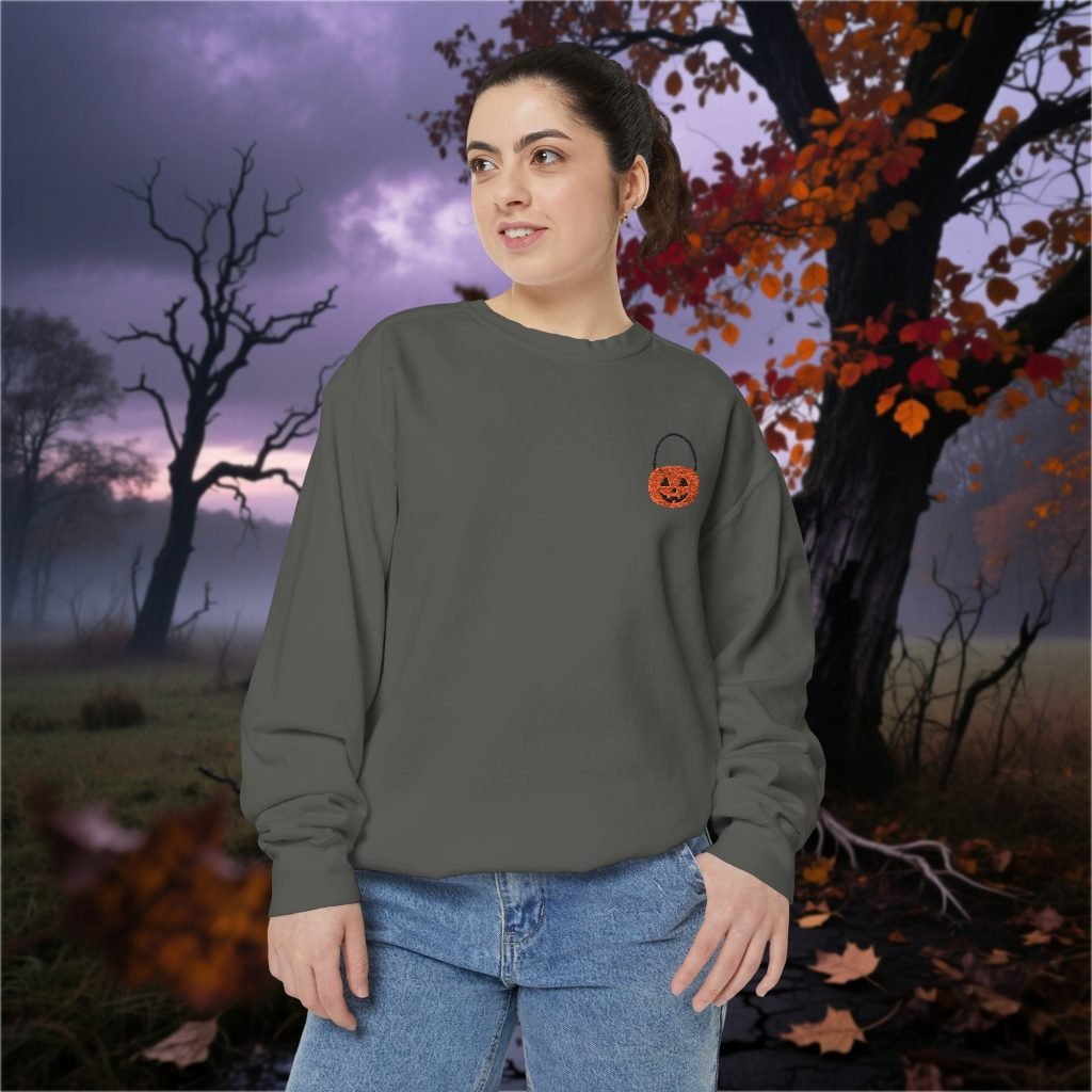 Halloween Embroidered Pumpkin Sweatshirt, Spooky Fall Crewneck, Relaxed Fit, Cotton Polyester, Goth Horror Gift - Image 4