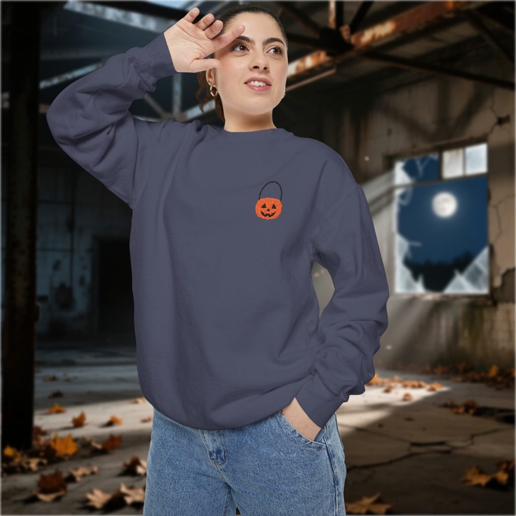Halloween Embroidered Pumpkin Sweatshirt, Spooky Fall Crewneck, Relaxed Fit, Cotton Polyester, Goth Horror Gift - Image 5