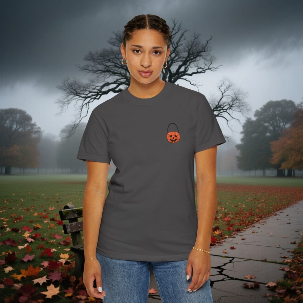 Halloween Embroidered Pumpkin Shirt, Horror Tee, Pre-shrunk Ring-Spun Cotton, Relaxed Fit, Gothic Fall Apparel, Horror Gift Idea - Image 5