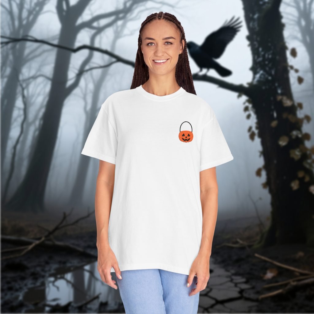 Halloween Embroidered Pumpkin Shirt, Horror Tee, Pre-shrunk Ring-Spun Cotton, Relaxed Fit, Gothic Fall Apparel, Horror Gift Idea - Image 3