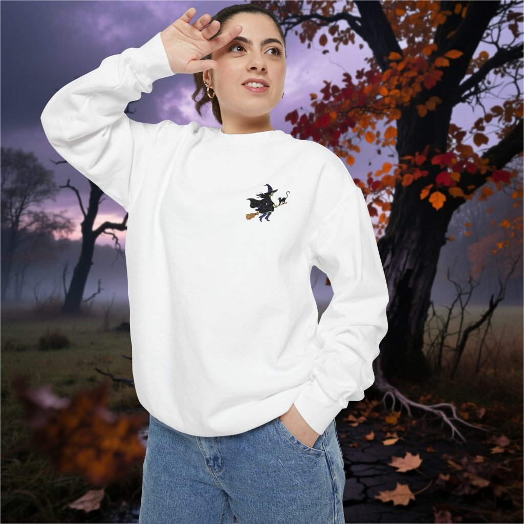Embroidered Witch Sweatshirt, Halloween Fall Crewneck, Relaxed Fit, Cotton Polyester, Goth Horror Gift, Spooky Apparel - Image 4