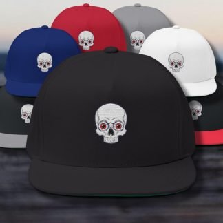 A collection of baseball caps featuring a skull with red eyes embroidery. The caps are in black, blue, red, gray, and white, displayed on a wooden surface.