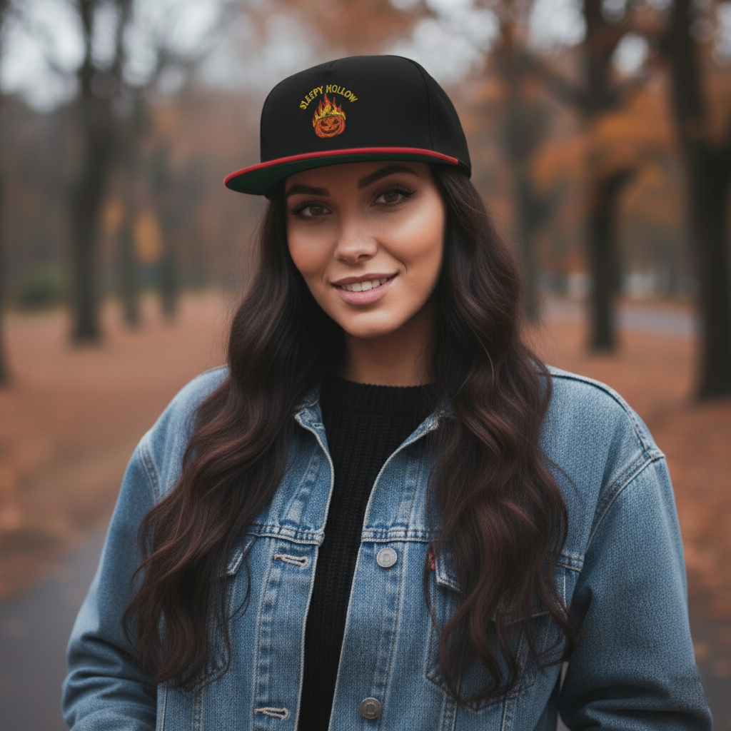 Embroidered Sleepy Hollow Hat, Halloween Snapback Cap, Horror Flat Bill, Acrylic Wool Hat, Headless Horseman Gift, Gothic Headwear - Image 2