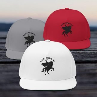 Three caps with "Sleepy Hollow, NY" and a horse logo in embroidery design. Caps are white, red, and gray, set on a wooden surface against a blurred horizon. Casual and bold.