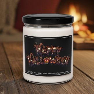 A white candle in a jar with a black lid. The label features "Happy Halloween" in spooky font with skulls and a jack-o'-lantern. Cozy fireplace in the background.