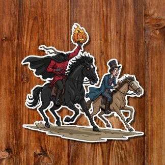 Illustration of the headless horseman carrying a flaming pumpkin, chasing a Ichabod Crane on horseback in Sleepy Hollow. Set on a wooden background, creating a spooky, dynamic scene.