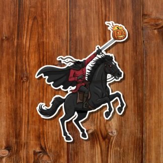 Sticker art of the headless horseman on a rearing black horse, holding a flaming jack-o'-lantern. The image is set against a wood-textured background.