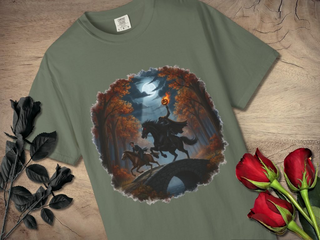 Green t-shirt featuring a Halloween scene with a headless horseman holding a pumpkin, riding a black horse under a full moon. Black and red roses adorn the wooden background.