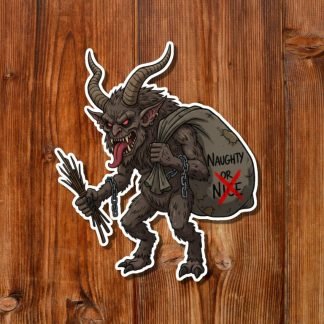 Illustration of a horned Christmas Krampus with red eyes, holding branches and a sack labeled "Naughty or Nice." The mood is mischievous, set against a wooden background.