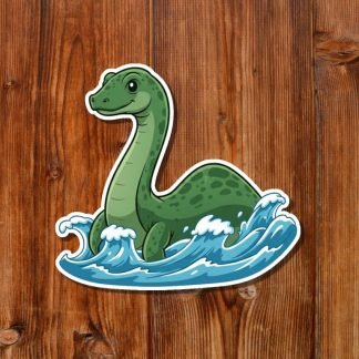 Cartoon Loch Ness Monster resembling a plesiosaur, happily emerging from waves. The creature is green with dark spots, set against a wooden background.