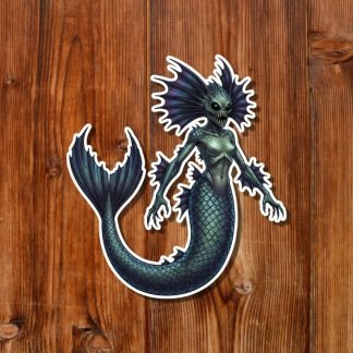 Illustration of a dark, eerie mermaid with sharp claws and gills, set against a textured wooden background. The image evokes a mysterious, aquatic theme.