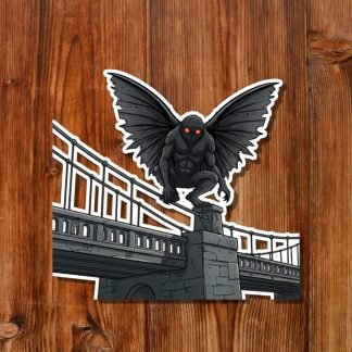 Illustration of a dark, winged Mothman creature with glowing red eyes perched on a bridge, set against a wooden background, evokes a mysterious, eerie vibe.