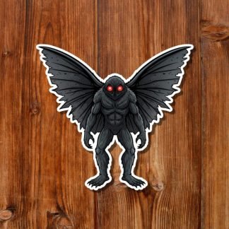 Sticker of a dark, menacing mothman creature with red eyes and outstretched wings. It is set against a rustic wooden background, adding an eerie atmosphere.