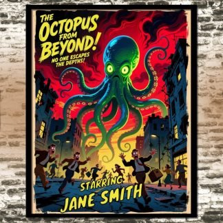 A vintage-style movie poster shows a giant, glowing green octopus with menacing tentacles against a fiery sky. Panicked people flee in a city street below. Bold text reads "The Octopus from Beyond!" and "Starring Jane Smith," conveying thrilling horror.