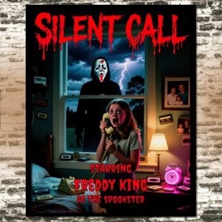 Poster for "Silent Call" showing a terrified girl on the phone, with a hooded figure in a ghost mask outside the window. Lightning illuminates the night.
