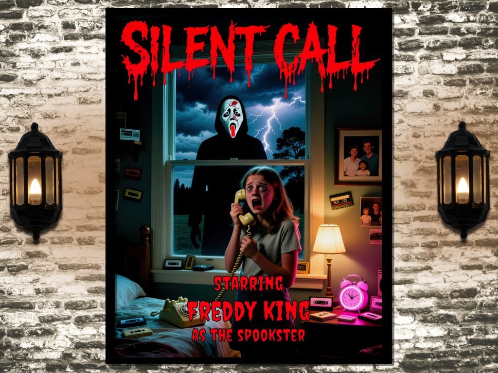 Poster for "Silent Call" showing a terrified girl on the phone, with a hooded figure in a ghost mask outside the window. Lightning illuminates the night.