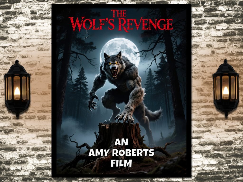 Movie poster titled "The Wolf's Revenge" shows a fierce werewolf under a full moon in a dark forest. Intense and ominous atmosphere. Text: "An Amy Roberts Film."