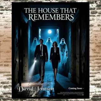 Movie poster for "The House That Remembers." A man and woman in suits walk down a dim corridor, flanked by three ghostly figures. A full moon glows above.