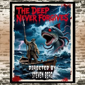 Movie poster titled "The Deep Never Forgives," shows a sailor holding a harpoon in a stormy sea as a large, menacing sea creature emerges, with dramatic lighting.