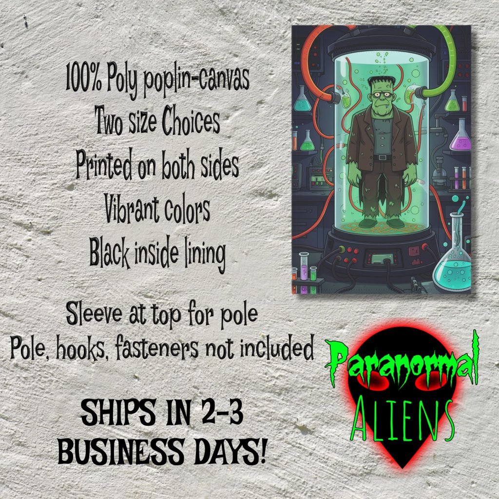 Frankenstein Halloween Yard Flag, Science Lab Monster Outdoor Decor, Poly Poplin Canvas Flag, Two Sizes, Sleeve Top Mount - Image 4