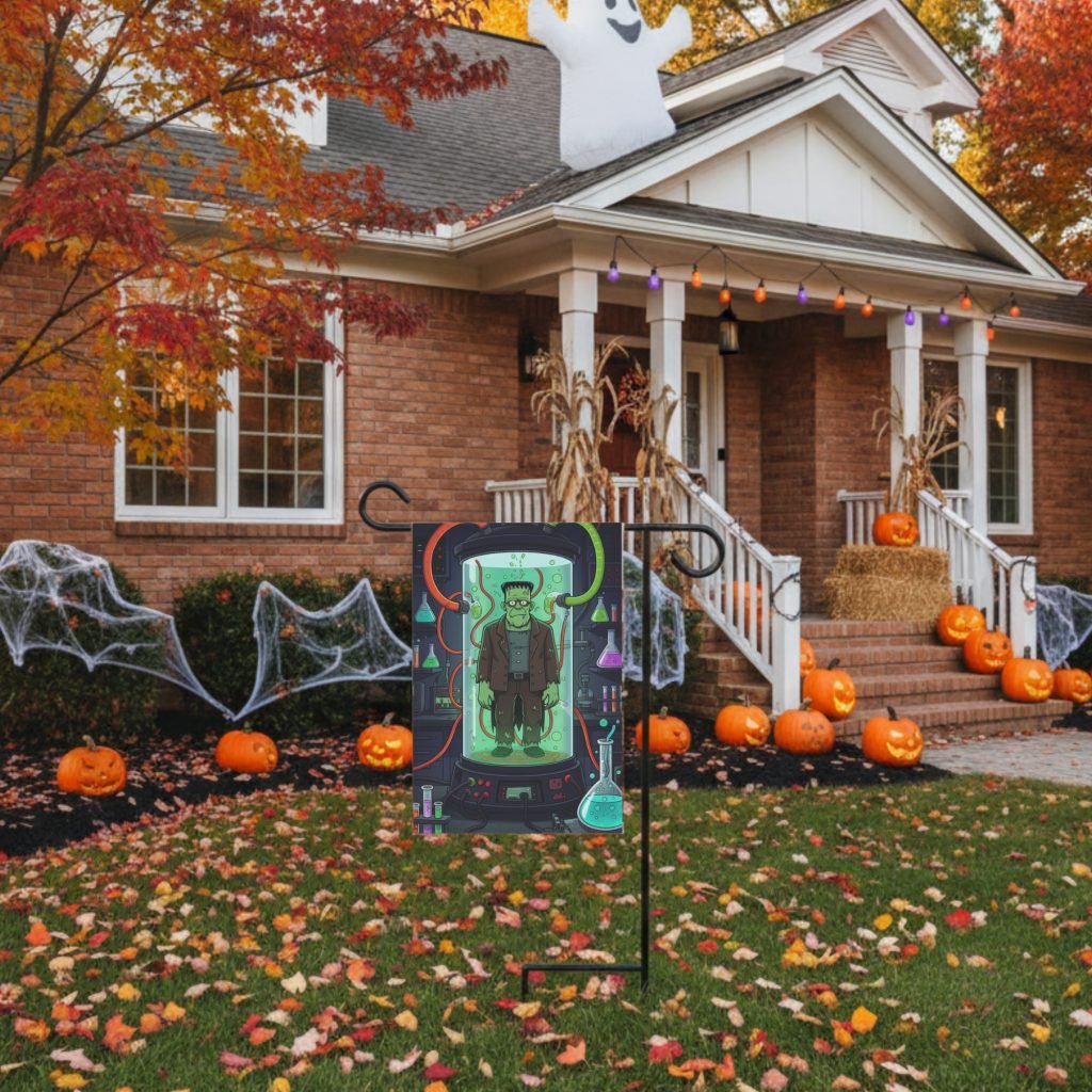Frankenstein Halloween Yard Flag, Science Lab Monster Outdoor Decor, Poly Poplin Canvas Flag, Two Sizes, Sleeve Top Mount - Image 2