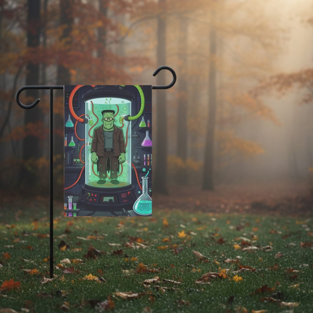 Frankenstein Halloween Yard Flag, Science Lab Monster Outdoor Decor, Poly Poplin Canvas Flag, Two Sizes, Sleeve Top Mount - Image 3