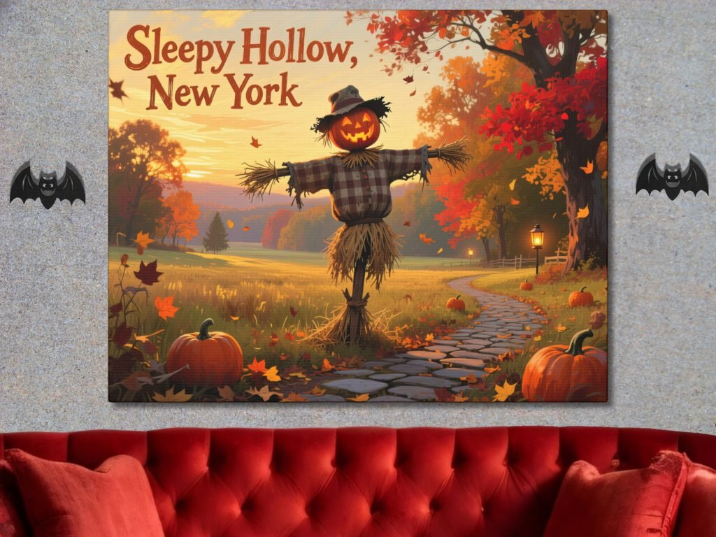 Cozy autumn scene of a smiling scarecrow under orange leaves in Sleepy Hollow, NY. A winding path and pumpkins create a warm, inviting atmosphere.