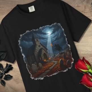 Black t-shirt with a spooky design of a moonlit churchyard, featuring a headless horseman holding a pumpkin. Red and black roses lie beside the shirt.