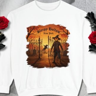 White sweatshirt with a "Sleepy Hollow, New York" design depicting a scarecrow with a pumpkin head, iron gates, autumn trees, and a galloping horse. Roses frame the shirt. Spooky and seasonal vibe.