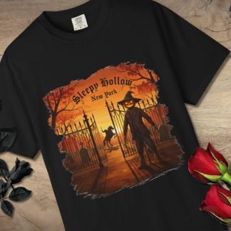 A black T-shirt featuring a "Sleepy Hollow, New York" design with a pumpkin-headed scarecrow and horse silhouetted against an eerie sunset. Black and red roses surround it.