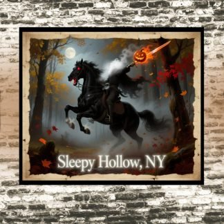 A mystical scene shows a headless horseman holding a flaming pumpkin, riding a black horse in a moonlit forest. Text reads "Sleepy Hollow, NY."