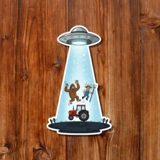 A cartoon UFO beams up a surprised Bigfoot and a farmer holding a pitchfork, with a red tractor below. The scene has a whimsical, comedic tone.