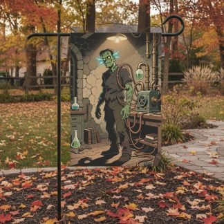 A garden flag depicts a cartoon Frankenstein-like monster in a lab, surrounded by autumn leaves. The scene feels whimsical and festive.