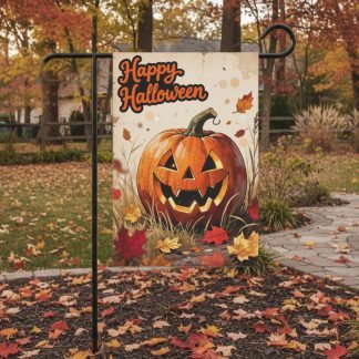 Festive garden sign with a grinning jack-o'-lantern and "Happy Halloween" text. Surrounding autumn leaves and trees create a warm, inviting atmosphere.